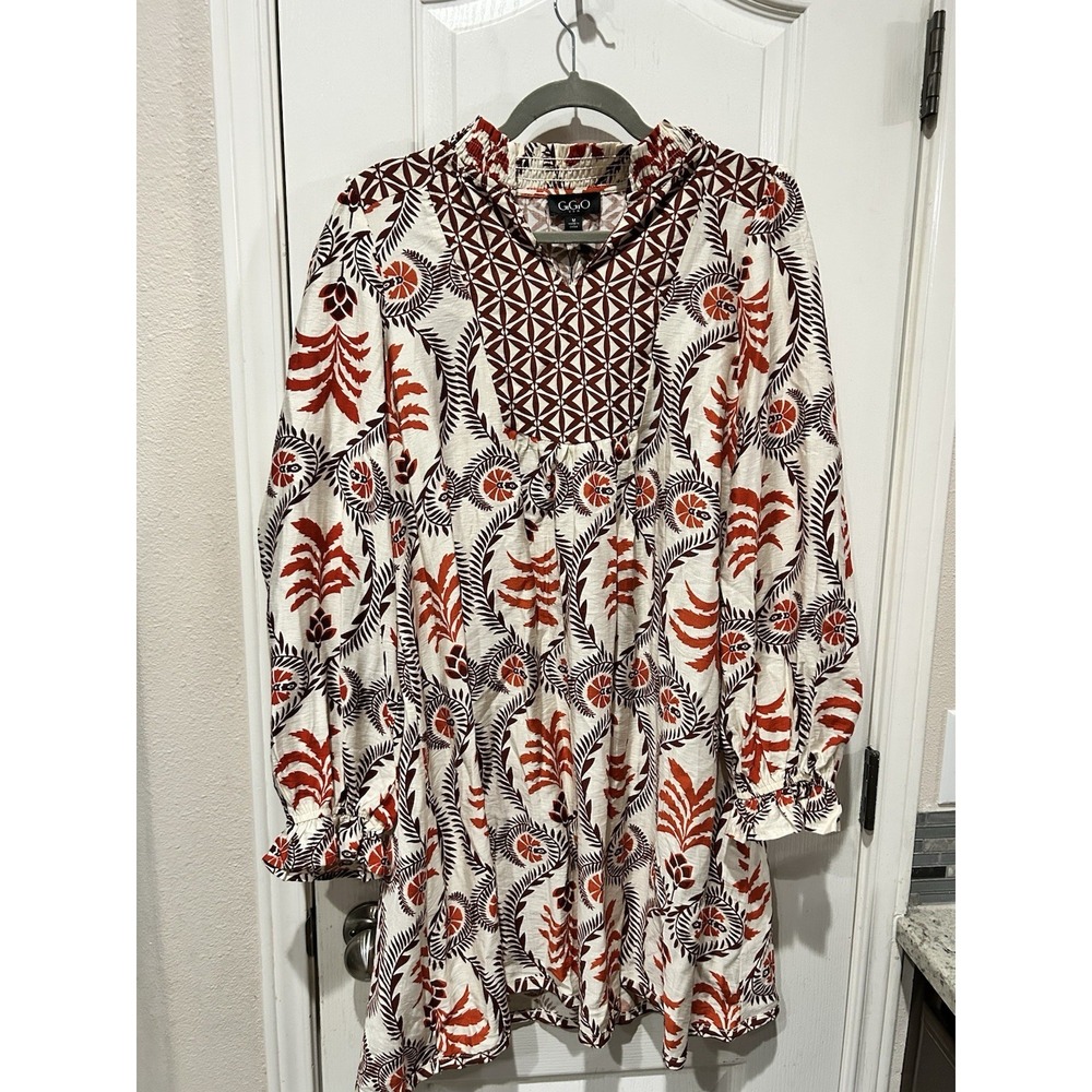 Gigio Harvest Smocked Yoke Mini Dress Long Sleeve Fall Autumn Sz M
